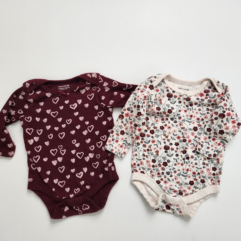 Organic Cotton Baby Bodysuit bundle size 3 months Hearts‎ Floral Long Sleeve